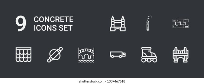 Editable 9 concrete icons for web and mobile. Set of concrete included icons line Bridge, Roller, Cargo truck, Roof, Bricks, Stone, Tower bridge on dark background