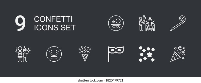Editable 9 confetti icons for web and mobile. Set of confetti included icons line Party, Confetti, Surprised, Christmas party, Party blower on dark background