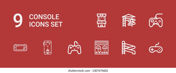 Editable 9 console icons for web and mobile. Set of console included icons line Joystick, Slider, Control panel, Gamepad, Game, Console, Arcade game on red background