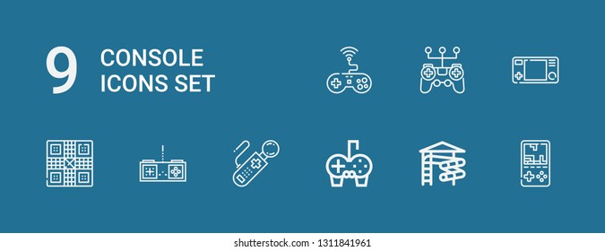 Editable 9 console icons for web and mobile. Set of console included icons line Gameboy, Slider, Gamepad, Controller, Game on blue background