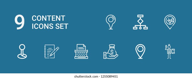 Editable 9 content icons for web and mobile. Set of content included icons line Writing, Placeholder, Money bag, Typewriter, Wireframes on blue background