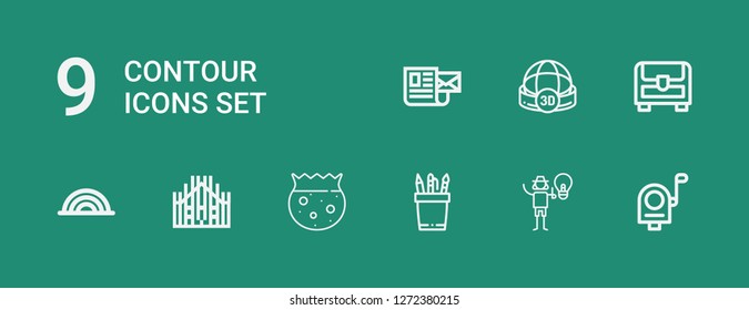 Editable 9 contour icons for web and mobile. Set of contour included icons line Mail, Graphic designer, Pencil, Bowl, Milan, Rainbow, Chest, Sphere on green background