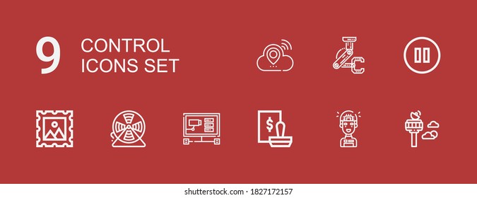 Iconos de control editables 9 para web y móvil. Conjunto de control incluido iconos línea Torre de control, inteligencia artificial, sello, Cctv, cable, pausa, robot, nube sobre fondo rojo