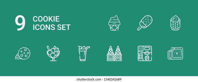 Editable 9 cookie icons for web and mobile. Set of cookie included icons line Ice cream, Cookie, Rice on green background