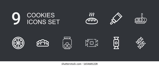 Bearbeitbar 9 Cookies Icons für Web und Mobile. Satz von Cookies enthalten Symbole der Linie Candy, Cookies, Brot, Roll-Kuchen auf dunklem Hintergrund