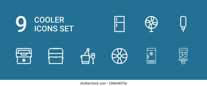Editable 9 cooler icons for web and mobile. Set of cooler included icons line Dispenser, Freezer, Propeller, Ice bucket, Ice box, Fridge, Water dispenser, Fan on blue background
