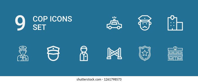 Editable 9 cop icons for web and mobile. Set of cop included icons line Police station, Police badge, Police line, Policeman, Police car on blue background