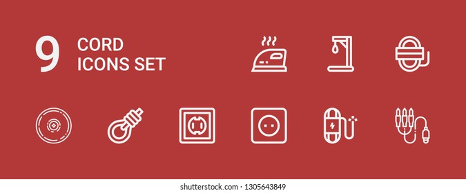 Editable 9 cord icons for web and mobile. Set of cord included icons line Jack connector, Wire, Socket, Gallows, Cymbal, Rope, Gallow, Iron on red background