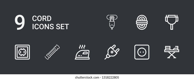 Editable 9 cord icons for web and mobile. Set of cord included icons line Iron, Socket, Plug, Rope, Cable, Hdmi port on dark background