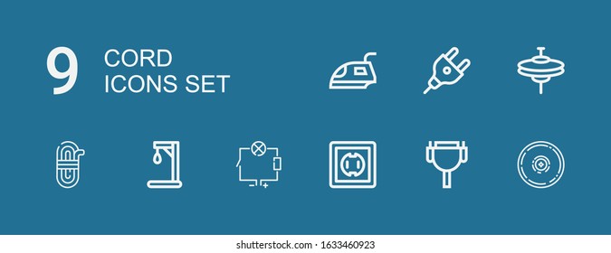 Editable 9 cord icons for web and mobile. Set of cord included icons line Cymbal, Cable, Socket, Wiring, Gallow, Rope, Cymbals, Plug, Iron on blue background
