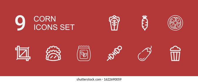Editable 9 corn icons for web and mobile. Set of corn included icons line Popcorn, Eggplant, Vegetables, Seed bag, Taco, Crop, Soy eggs, Radish, Cabbage on red background