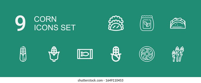 Editable 9 corn icons for web and mobile. Set of corn line icons including: Asparagus, Soy eggs, Corn, Canned food, Taco, Seed bag on green background
