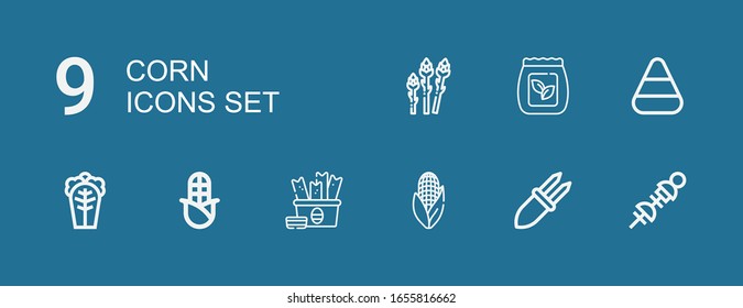 Editable 9 corn icons for web and mobile. Set of corn included icons line Vegetables, Corn, Snack, Cabbage, Candy Seed bag, Asparagus on blue background