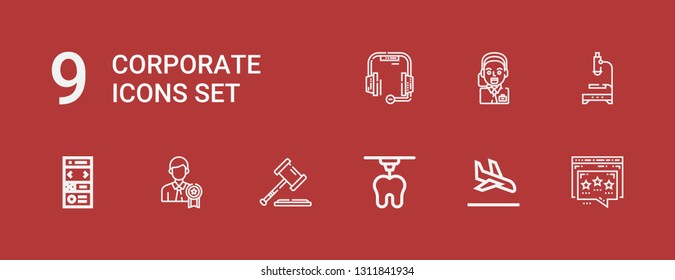 Editable 9 corporate icons for web and mobile. Set of corporate included icons line Influencer, Landing page, d, Law, Businessman, Microscope, Operator, Headset on red background
