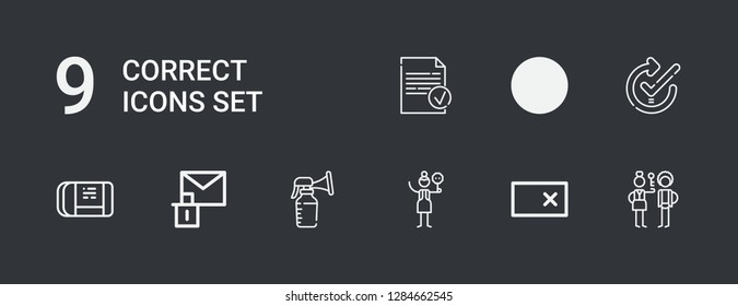 Editable 9 correct icons for web and mobile. Set of correct included icons line Check in, Erase, Crossing, Breast pump, Eraser, Check, Done on dark background