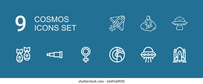 Editable 9 cosmos icons for web and mobile. Set of cosmos included icons line Rocket ship, Ufo, Planet, Venus, Telescope, Missile, Ovni, Astral, Rocket on blue background