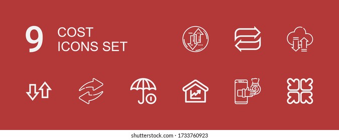 Editable 9 cost icons for web and mobile. Set of cost included icons line Reduce, Transfer, Amount, Funds on red background