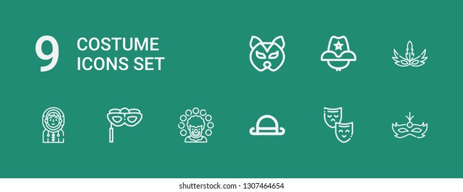 Editable 9 costume icons for web and mobile. Set of costume included icons line Mask, Bowler, Clown, Eye mask, Eskimo, Cowboy hat on green background