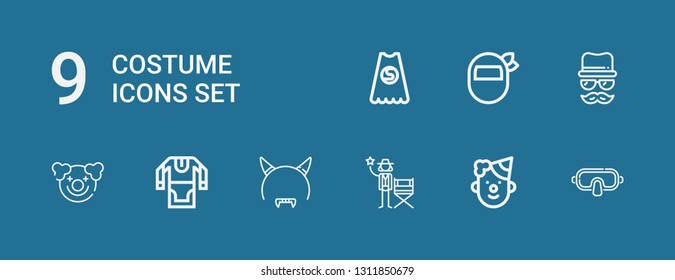 Editable 9 costume icons for web and mobile. Set of costume included icons line Mask, Clown, Actor, Devil mask, Tunic, Disguise, Superhero on blue background
