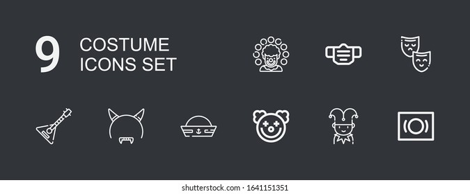 Editable 9 costume icons for web and mobile. Set of costume included icons line Mask, Jester, Clown, Sailor hat, Devil mask, Balalaika on dark background
