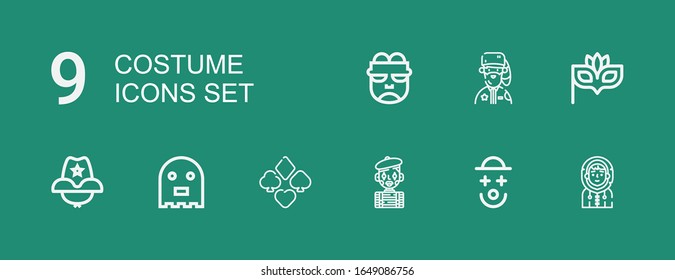 Editable 9 costume icons for web and mobile. Set of costume included icons line Eskimo, Clown, Mime, Suit, Ghost, Cowboy hat, Eye mask, Park ranger, Frankenstein on green background