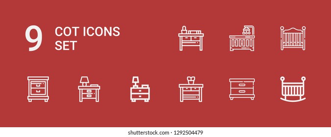 Editable 9 cot icons for web and mobile. Set of cot included icons line Crib, Nightstand, Baby bed, Baby crib on red background