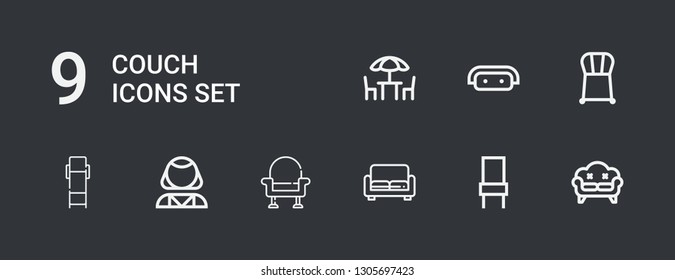 Editable 9 couch icons for web and mobile. Set of couch included icons line Sofa, Chair, Armchair, Psychologist, Lounge chair, Chairs on dark background