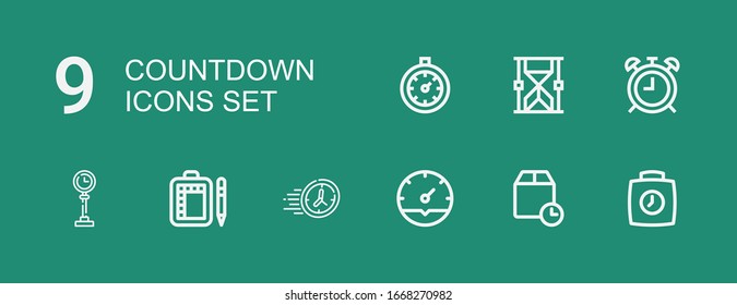 Editable 9 countdown icons for web and mobile. Set of countdown included icons line Clock, Wait time, Time, Schedule, Alarm clock, Hourglass, Stopclock on green background