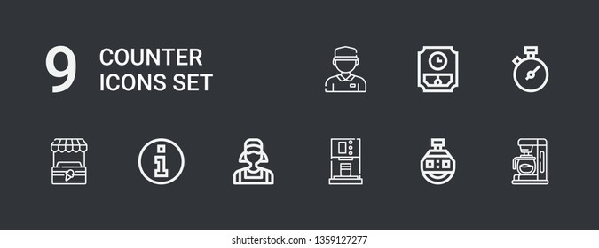Editable 9 counter icons for web and mobile. Set of counter included icons line Coffee machine, Stopclock, Clerk, Information, Stand, Chronometer, Wall clock on dark background