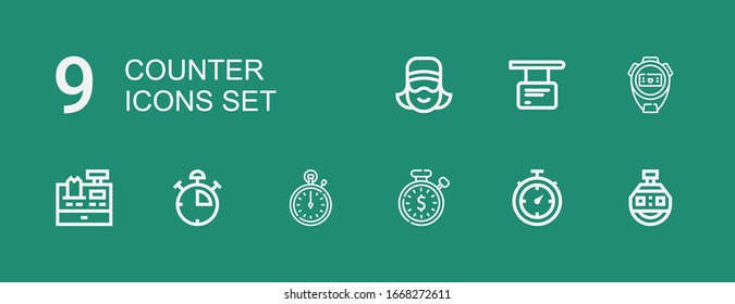 Editable 9 counter icons for web and mobile. Set of counter included icons line Stopclock, Stopwatch, Stop watch, Cashier, Information on green background