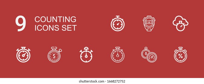 Editable 9 counting icons for web and mobile. Set of counting included icons line Stopwatch, Stop watch, Chronometer on red background