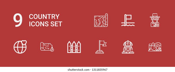 Editable 9 country icons for web and mobile. Set of country included icons line Hill, Sphinx, Flag, Fence, Map, World, Cowboy, Flags on red background