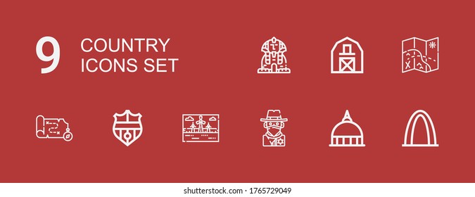 Editable 9 country icons for web and mobile. Set of country included icons line Gateway arch, Vatican, Cowboy, Landscape, Nantes, Map, Barn, Sphinx on red background