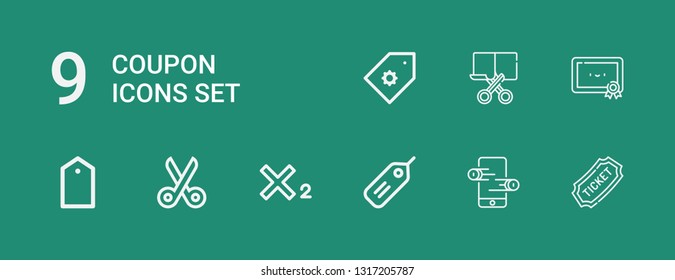 Editable 9 coupon icons for web and mobile. Set of coupon included icons line Ticket, Online store, Tag, Subscript, Scissors, Certification, Cut, Price tag on green background
