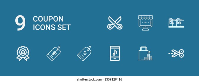 Editable 9 coupon icons for web and mobile. Set of coupon included icons line Scissors, Shopping, Online store, Discount, Price tag, Price, Ticket, Ecommerce on blue background