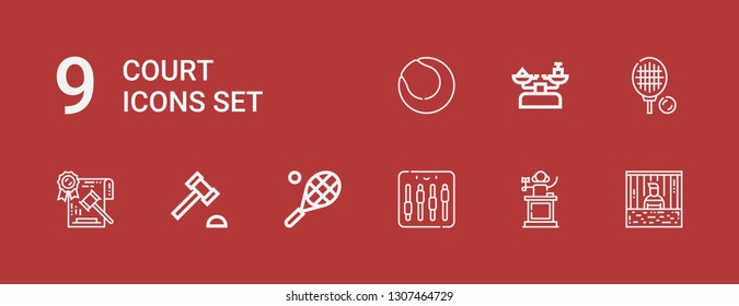 Editable 9 court icons for web and mobile. Set of court included icons line Prisoner, Judge, Equalizer, Tennis, Auction hammer, Law, Scale on red background