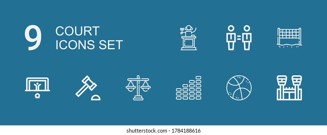 Editable 9 court icons for web and mobile. Set of court included icons line Jail, Basketball, Equalizer, Justice, Auction hammer, Penalty, Volley, Equality on blue background