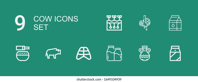 Editable 9 cow icons for web and mobile. Set of cow included icons line Milk, Jug, Ribs, Bison, Standing bell, Butcher, Farming on green background