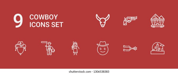 Editable 9 cowboy icons for web and mobile. Set of cowboy included icons line Wild west, Spur, Cowboy, Cowgirl, Lasso, hat, Wagon, Revolver, Bull skull on red background