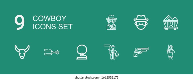 Editable 9 iconos de cowboy para web y móvil. Conjunto de vaqueros incluidos íconos línea Cowgirl, Revolver, Lasso, Cowboy, Spur, Bull skull, Wagon sobre fondo verde