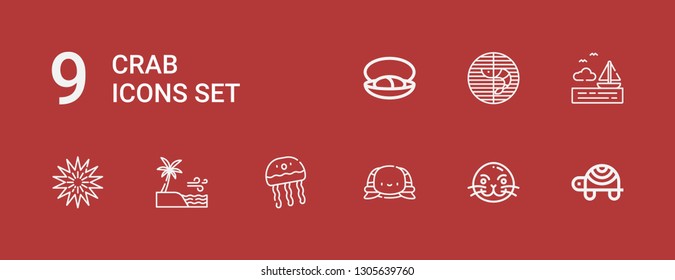 Editable 9 crab icons for web and mobile. Set of crab included icons line Turtle, Sea lion, Jellyfish, Sea, Sea urchin, Prawn, Mussel on red background