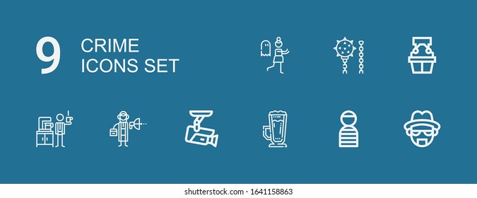 Editable 9 crime icons for web and mobile. Set of crime included icons line Heisenberg, Prisioner, Frappe, Cctv, Detective, Witness, Weapon, Terror on blue background