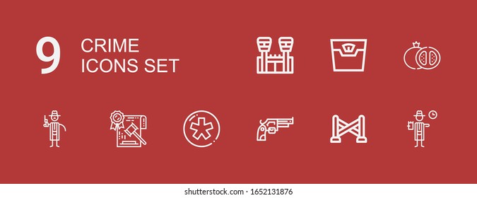 Editable 9 iconos de crímenes para web y móvil. Conjunto de delitos incluían íconos línea Detective, línea de policía, Revolver, Diáspora, Ley, Granada, Escala, Cárcel de fondo rojo