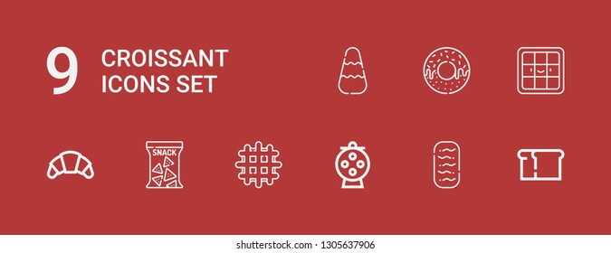 Editable 9 croissant icons for web and mobile. Set of croissant included icons line Bread, Baguettes, Candy, Waffle, Snack, Croissant, Donut on red background