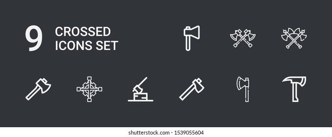 Editable 9 crossed icons for web and mobile. Set of crossed included icons line Axe, Cross wrench, Axes on dark background