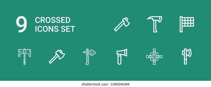 Editable 9 crossed icons for web and mobile. Set of crossed included icons line Axe, Cross wrench, Finish flag on green background