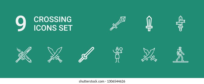 Editable 9 crossing icons for web and mobile. Set of crossing included icons line Pedestrian, Swords, Crossing, Sword on green background