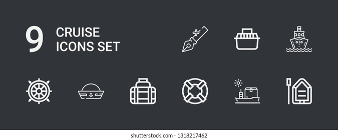 Editable 9 cruise icons for web and mobile. Set of cruise included icons line Boat, Ship, Lifesaver, Transport, Sailor hat, Helm, Anchor on dark background