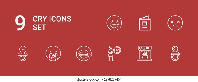 Editable 9 cry icons for web and mobile. Set of cry included icons line Pacifier, Expresso, Cynicism, Laughing, Crying, Sad, Baby book, Happy on red background