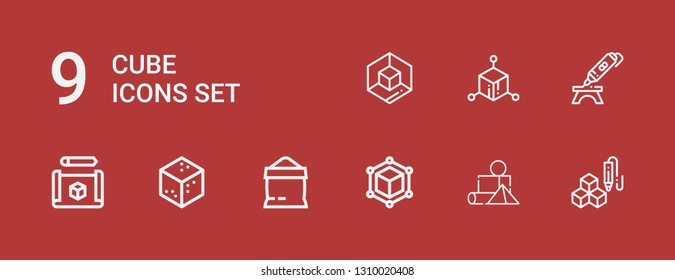 Editable 9 cube icons for web and mobile. Set of cube included icons line d cube, Blocks, Sugar, d printing pen on red background